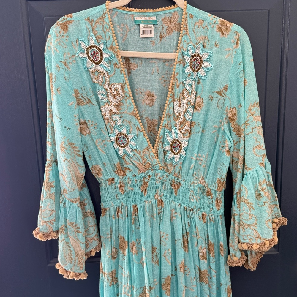 Bohemian Leoni Al Sole by Giacono Cirque Turquoise Beaded Maxi Dress w/ Pom Poms - Picture 2 of 14